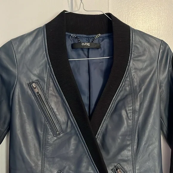 NWOT Cut 25 by Yigal Azuroeul blue leather jacket ribbed sleeves - Picture 3 of 16